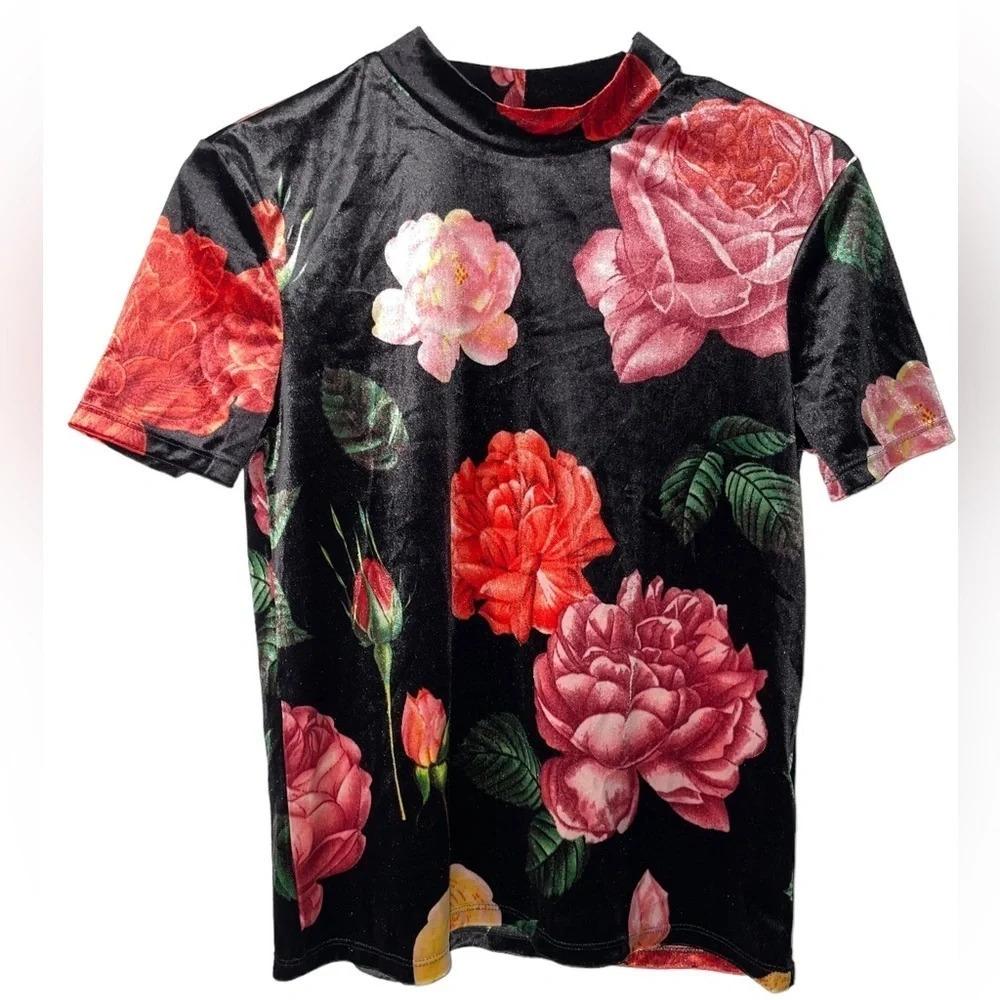 Zara Trafaluc Women's Top Size Small Shiny Black Floral Crushed Velvet Mock Neck